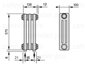 Схема (чертеж) Радиатор Zehnder Charleston 3057/3 №3570 Technoline TL